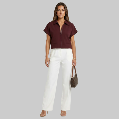 Cropped Zip Front Collared Top