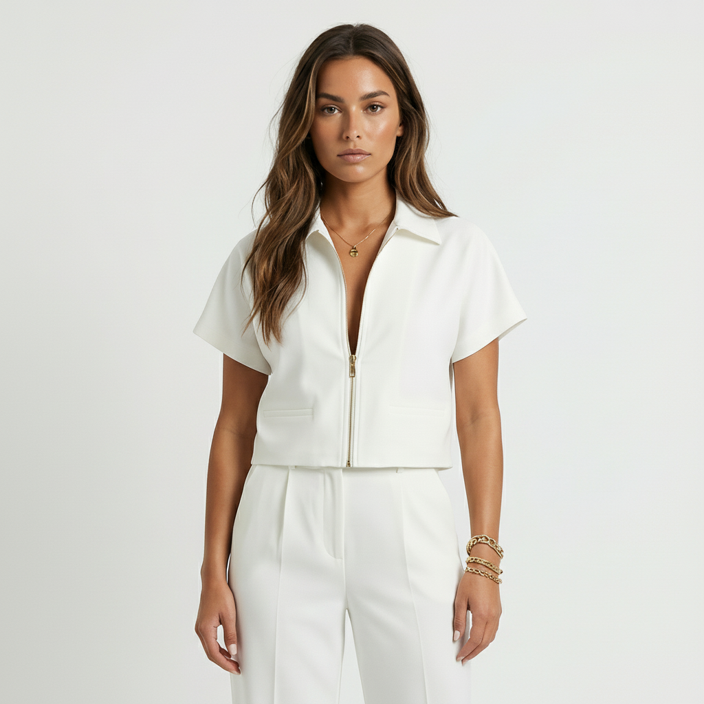 Cropped Zip Front Collared Top