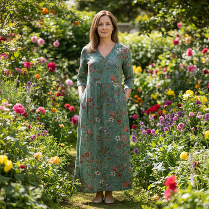 Floral V-Neck Maxi Dress with Gathered Waist