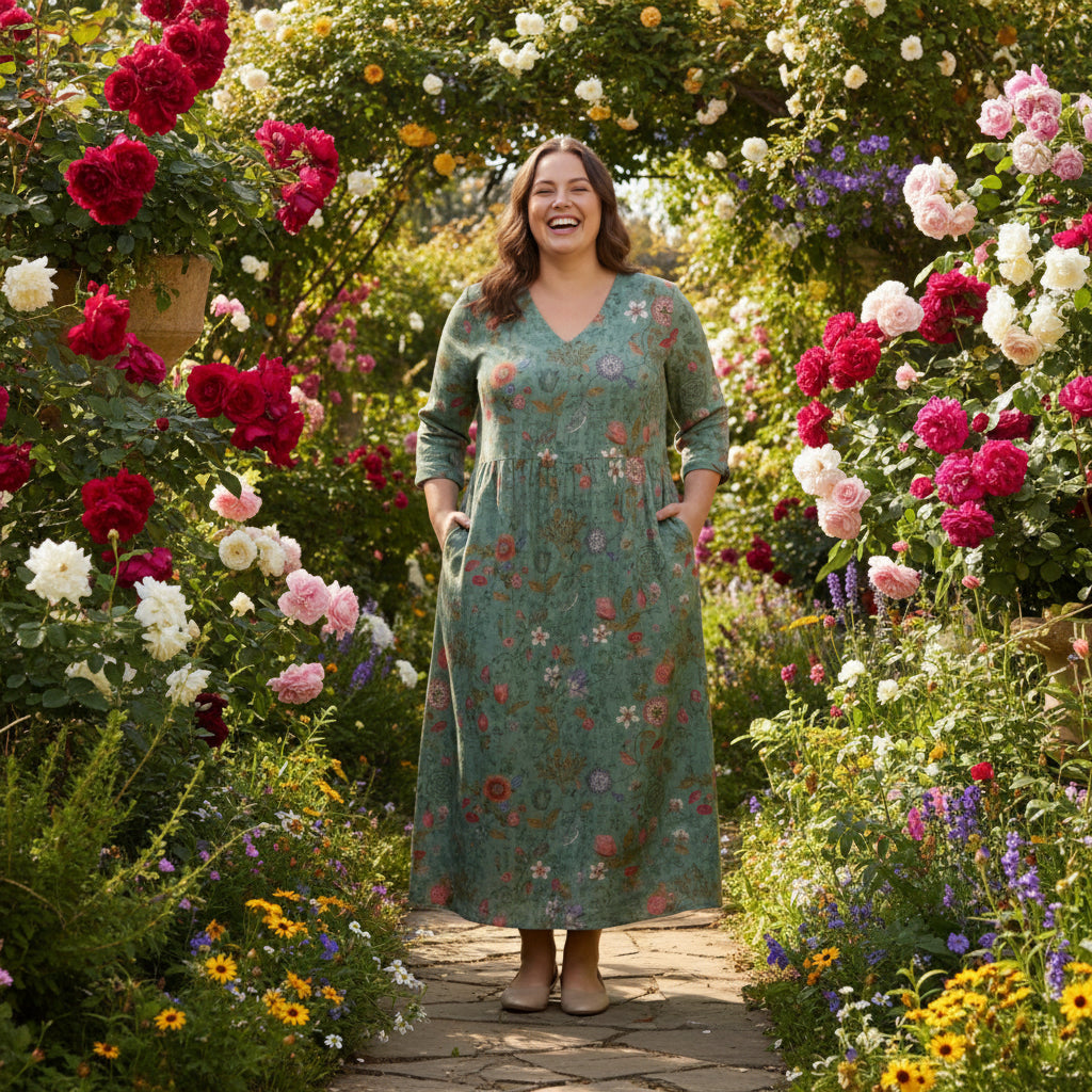 Floral V-Neck Maxi Dress with Gathered Waist