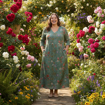 Floral V-Neck Maxi Dress with Gathered Waist