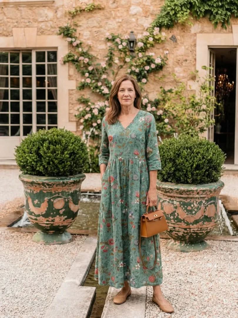 Floral V-Neck Maxi Dress with Gathered Waist