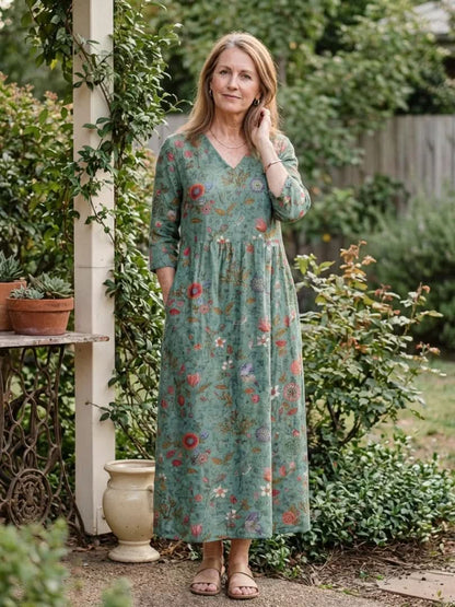 Floral V-Neck Maxi Dress with Gathered Waist