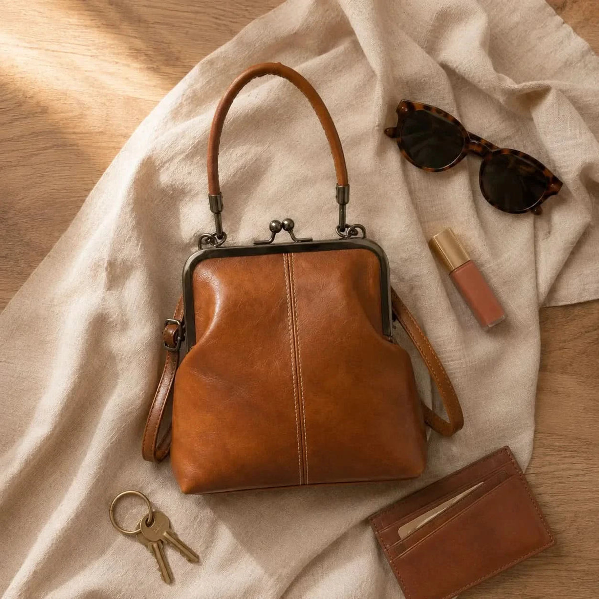 Dual-Handle Kiss Lock Crossbody Bag