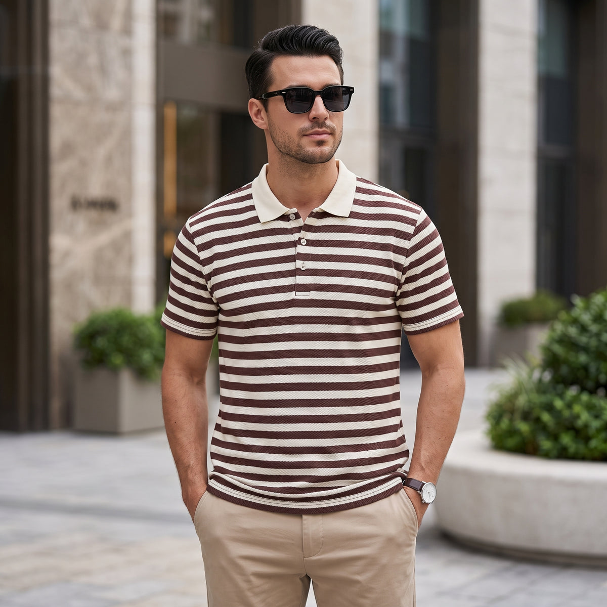 Striped Contrast Collar Polo Shirt