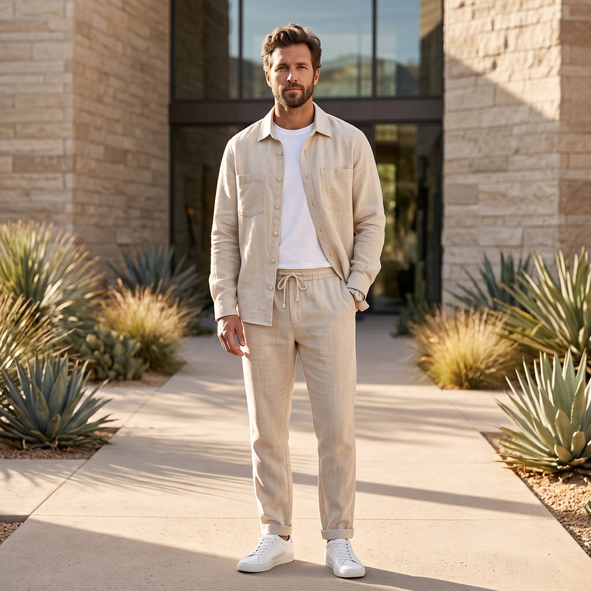 Relaxed Button Front Shirt Matching Pants Two-Piece Set