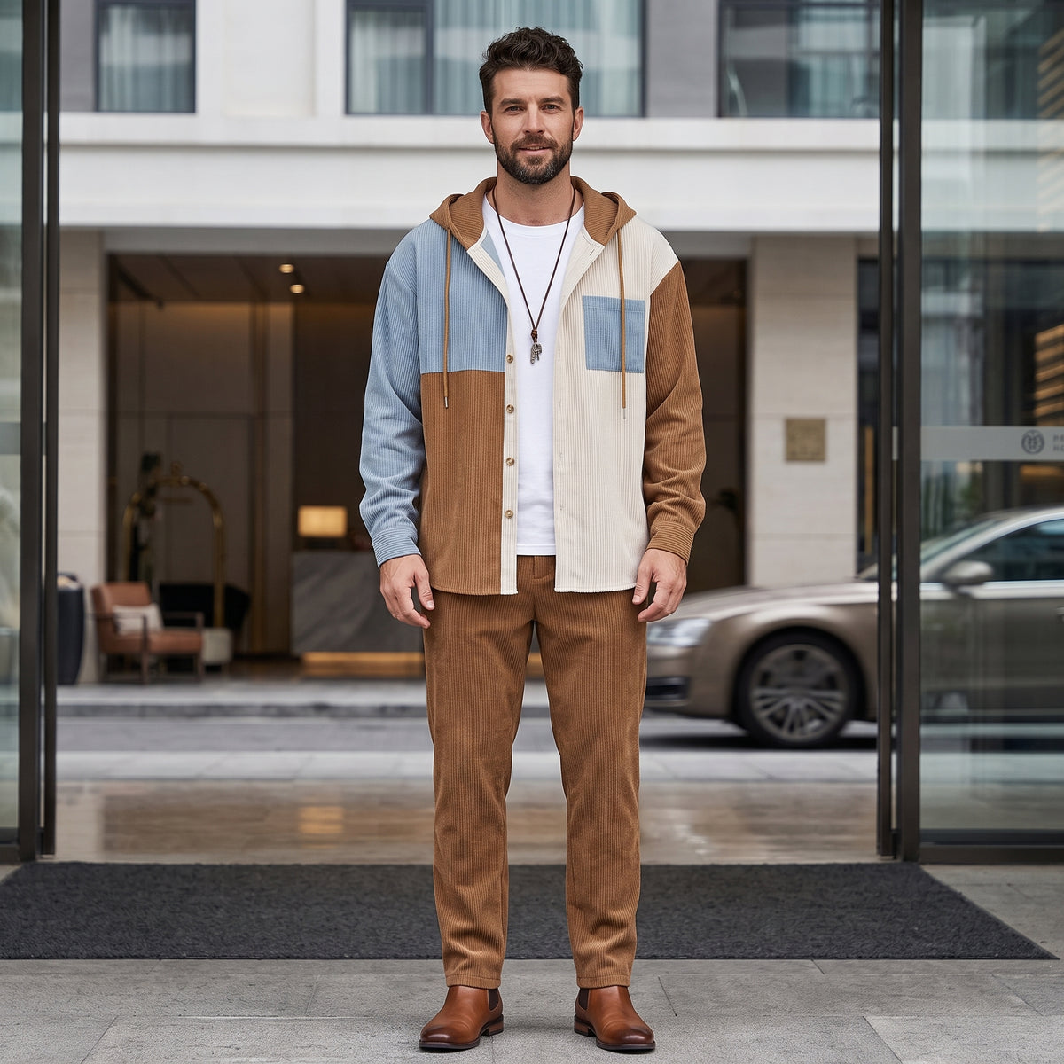 Patchwork Hooded Button Front Casual Jacket