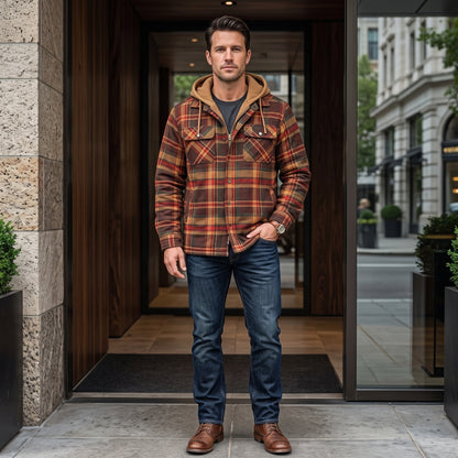 Hooded Plaid Button Front Casual Jacket