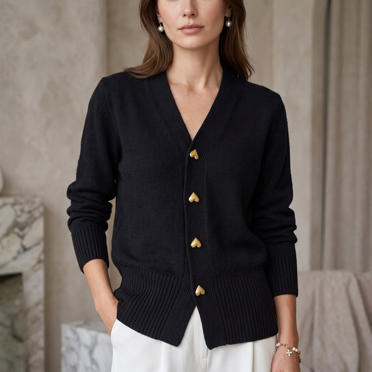 Elegant Heart Button Front V Neck Cardigan