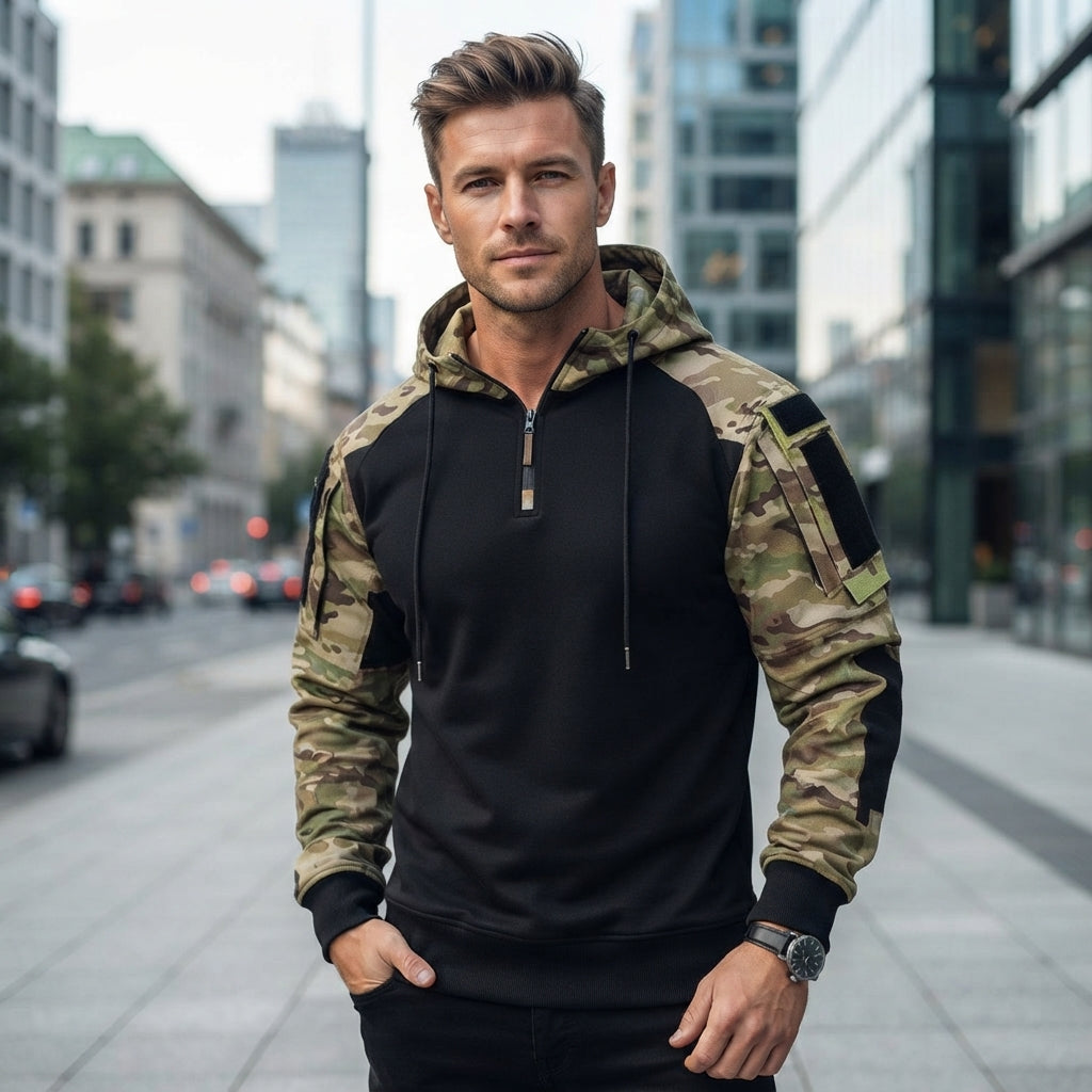 Hooded Contrast Sleeve Half Zip Pullover