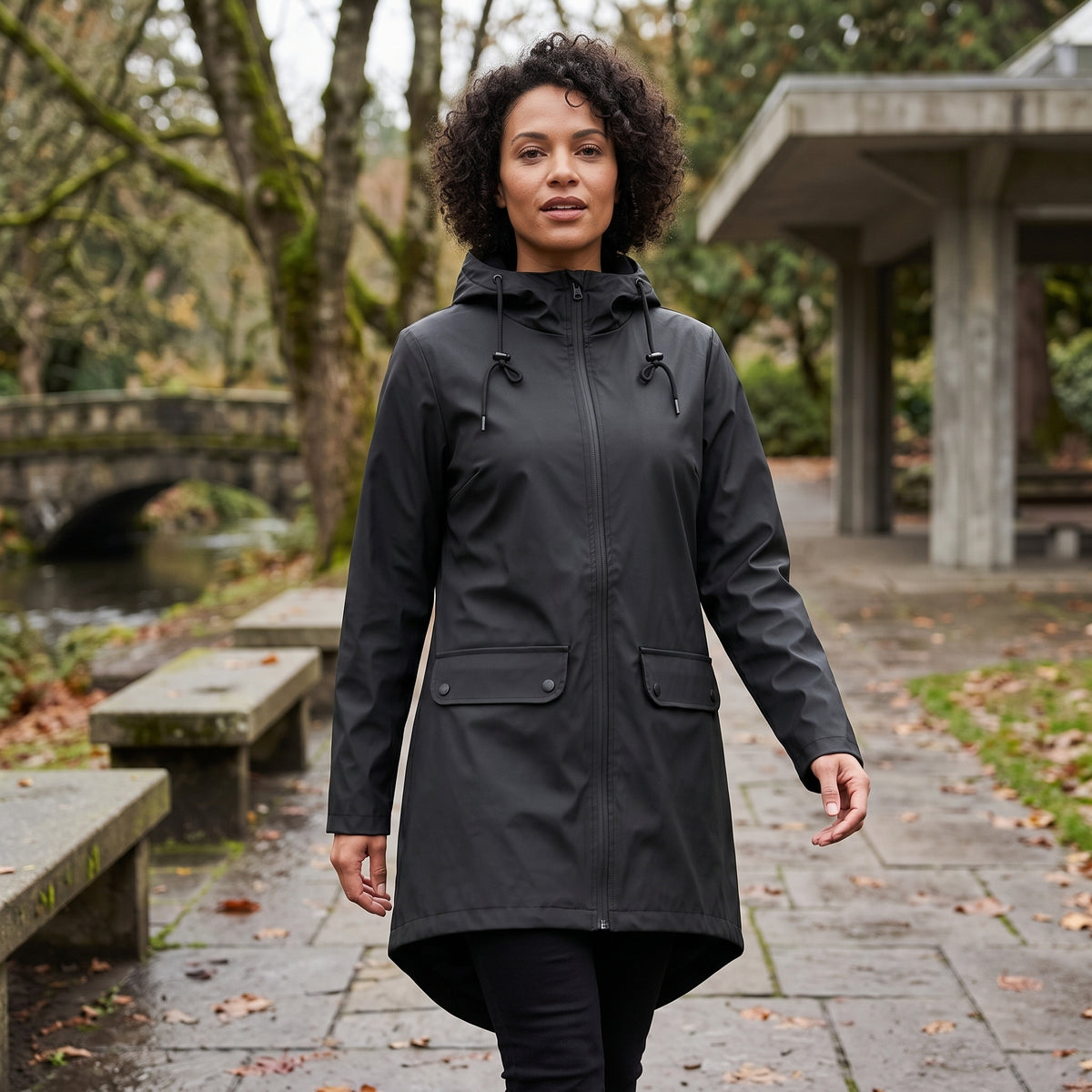 Elegant Hooded Zip Front Utility Coat
