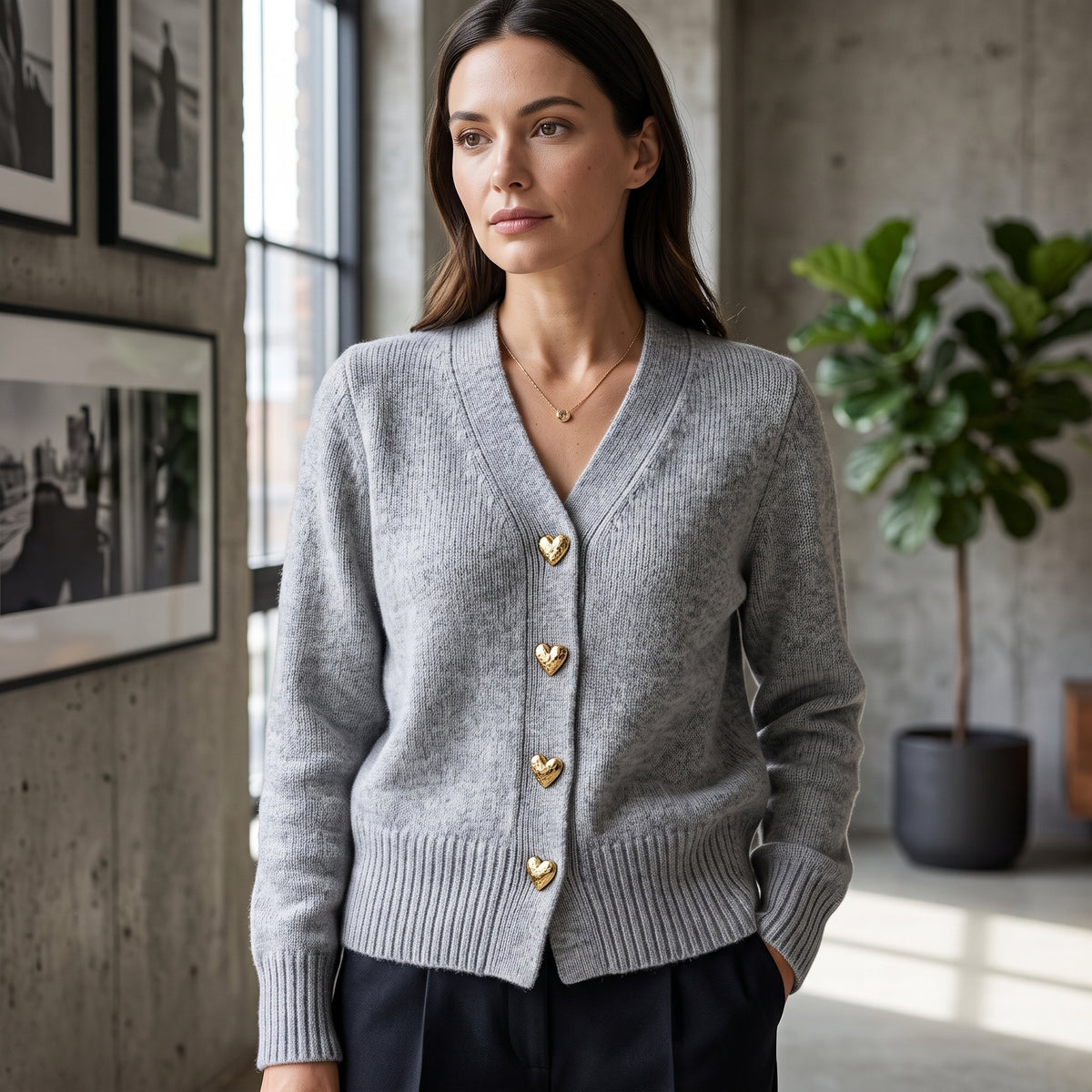 Elegant Heart Button Front V Neck Cardigan
