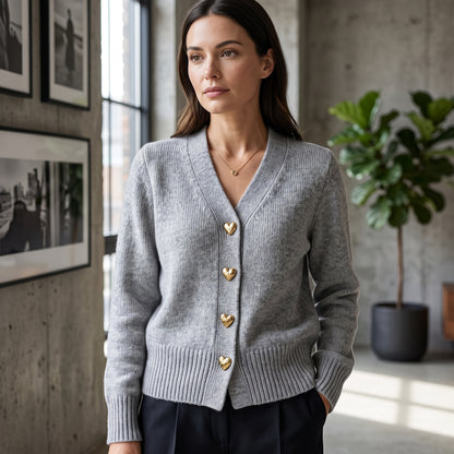 Elegant Heart Button Front V Neck Cardigan