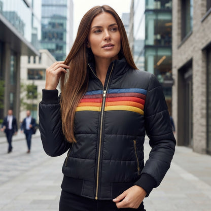 Quilted Striped Zip Front Puffer Jacket