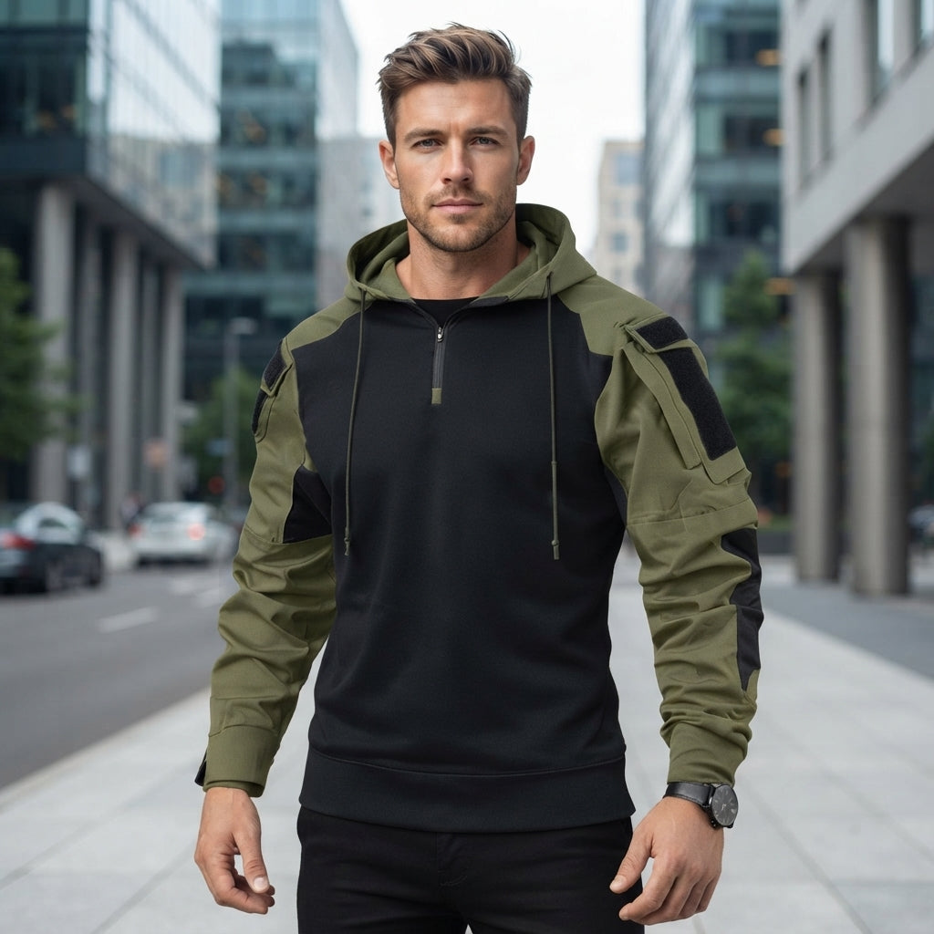 Hooded Contrast Sleeve Half Zip Pullover