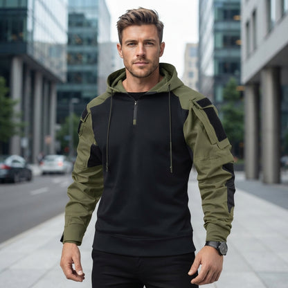 Hooded Contrast Sleeve Half Zip Pullover