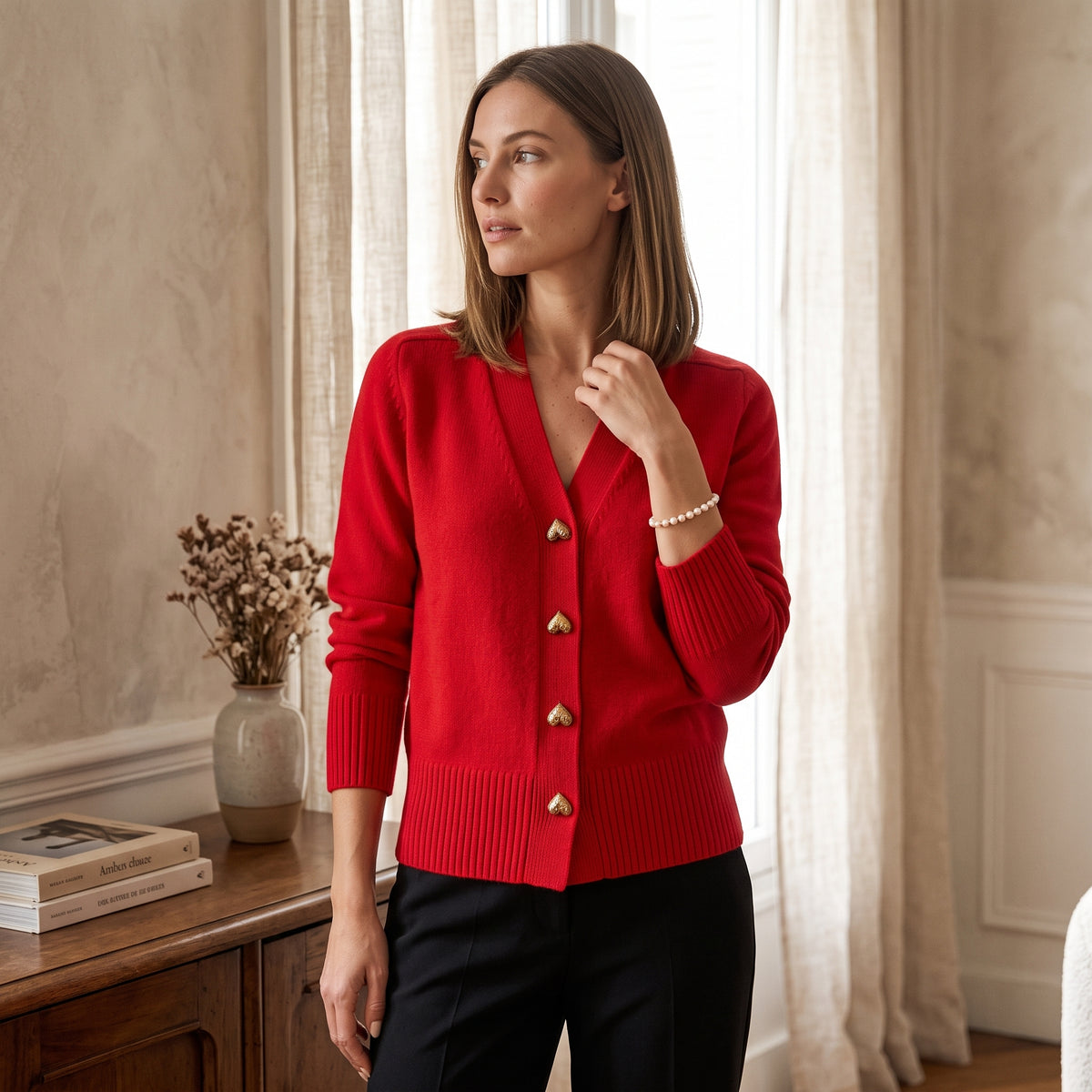 Elegant Heart Button Front V Neck Cardigan