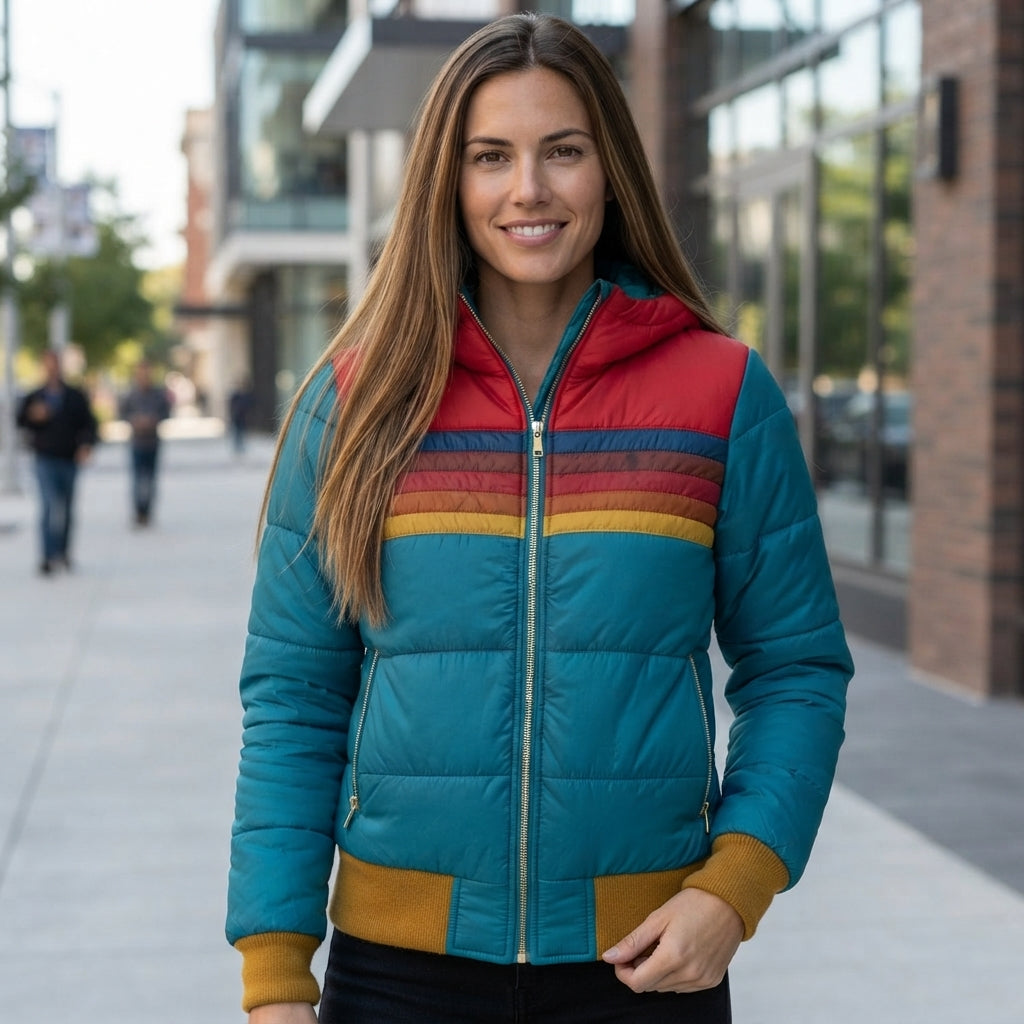 Quilted Striped Zip Front Puffer Jacket