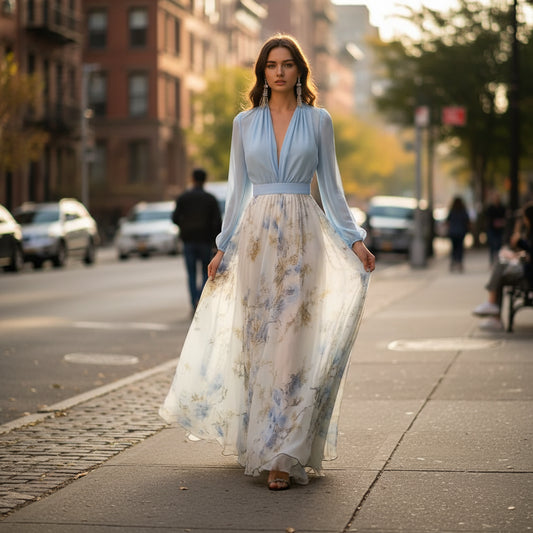 Floral Maxi Dress With Deep V Sheer Sleeves