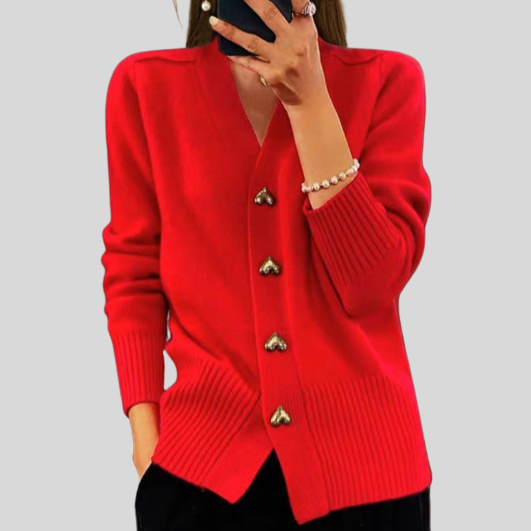 Elegant Heart Button Front V Neck Cardigan