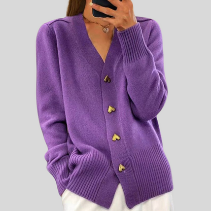 Elegant Heart Button Front V Neck Cardigan