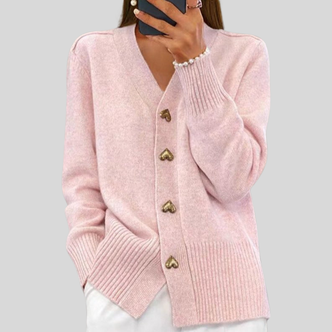 Elegant Heart Button Front V Neck Cardigan