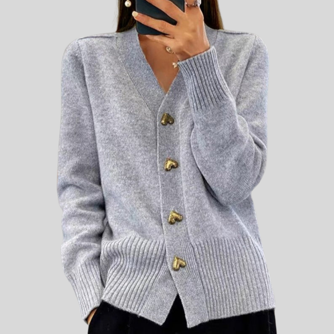 Elegant Heart Button Front V Neck Cardigan