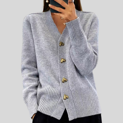 Elegant Heart Button Front V Neck Cardigan