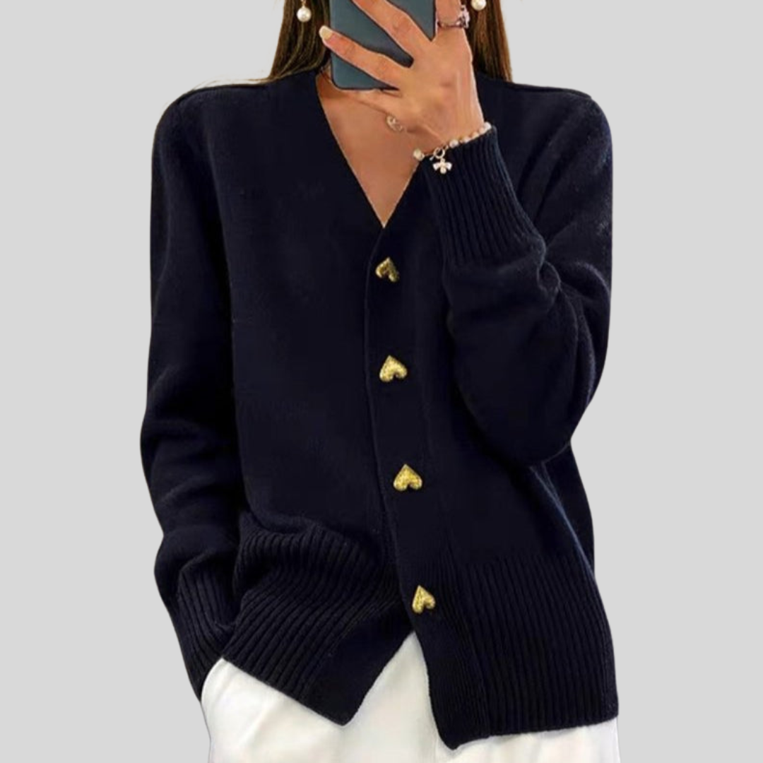 Elegant Heart Button Front V Neck Cardigan