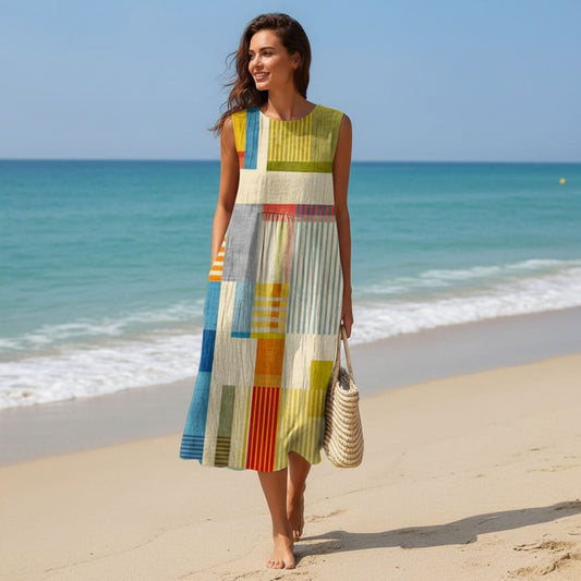 Poppy Modern Patchwork Dress - Unique Geometric Design, Flowy Sleeveless Summer Dress 0