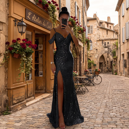 Elegant Off-Shoulder High Slit Maxi Dress