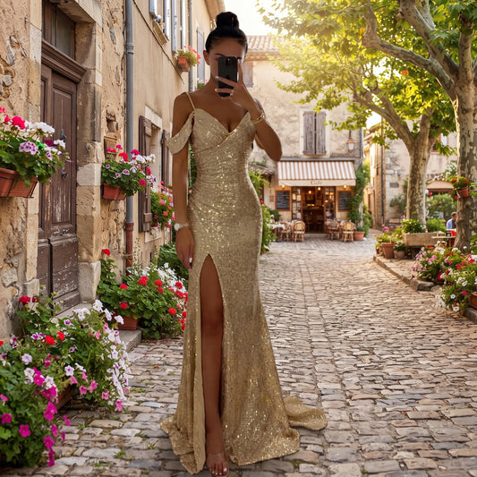 Elegant Off-Shoulder High Slit Maxi Dress