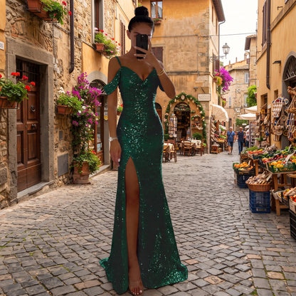 Elegant Off-Shoulder High Slit Maxi Dress
