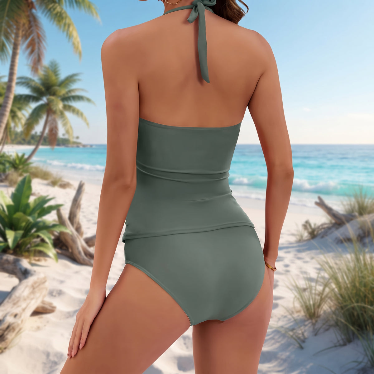 Halter Neck Tankini Swimsuit Set