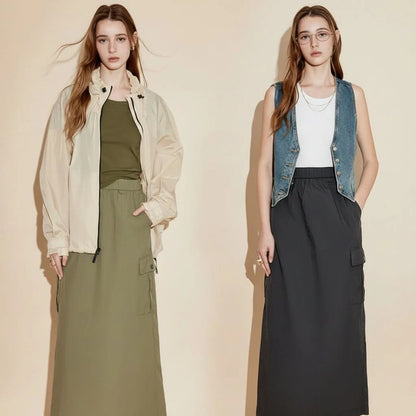 Workwear Inspired Mid Length Skirt with Functional Design