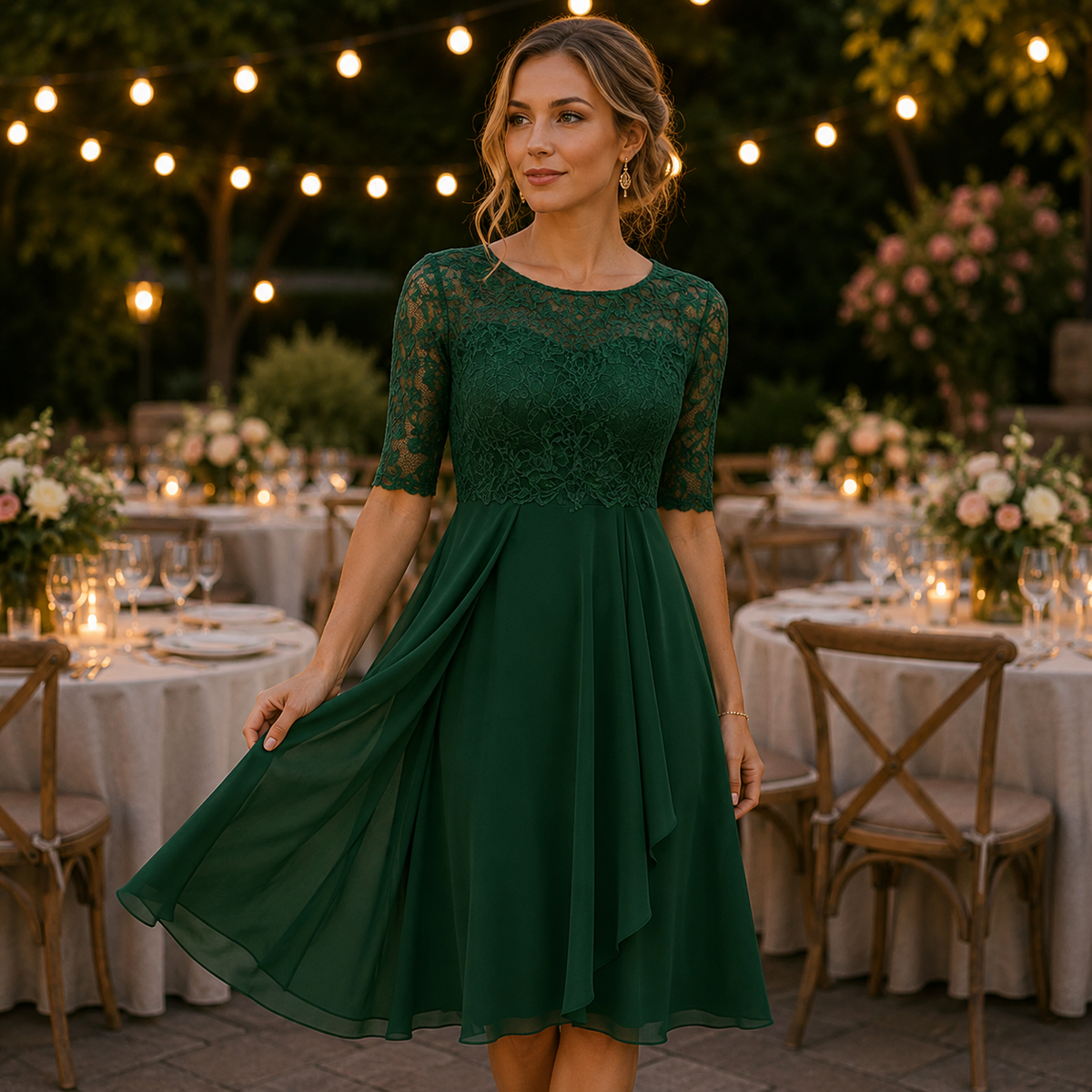 Flattering Midi-Sleeve Evening Dress