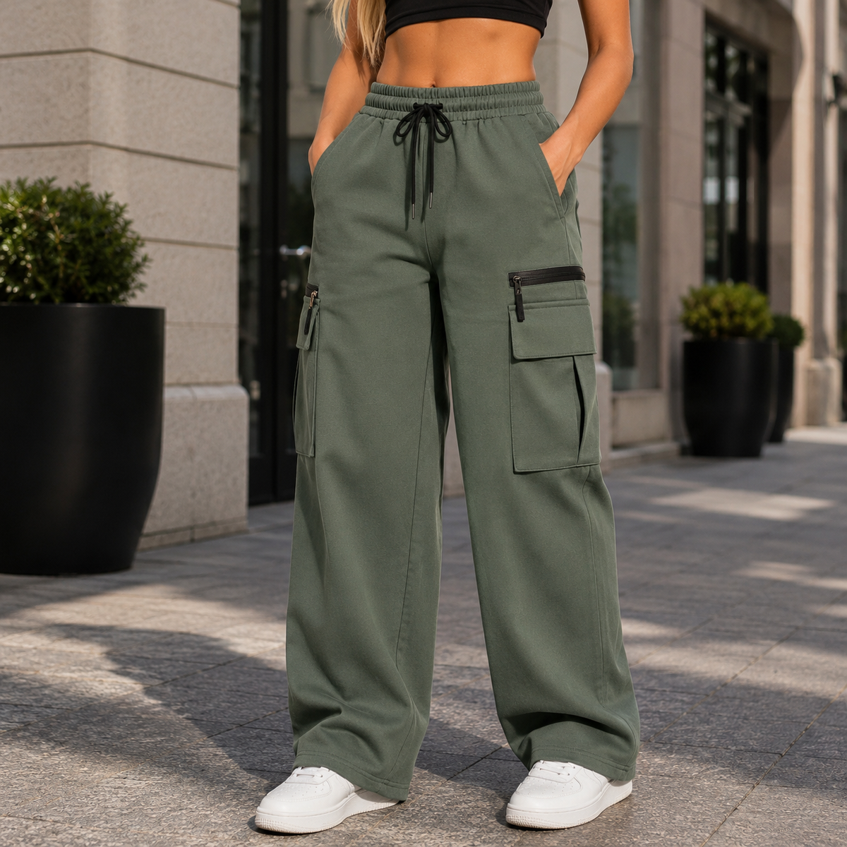 High-Waist Cargo Pants with Wide Leg and Zip Pockets