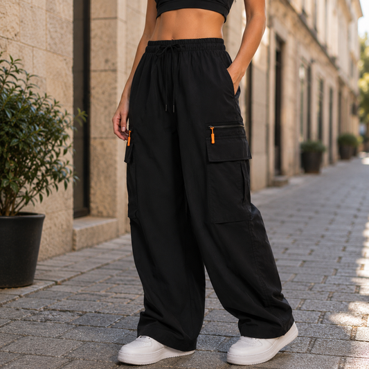 High-Waist Cargo Pants with Wide Leg and Zip Pockets