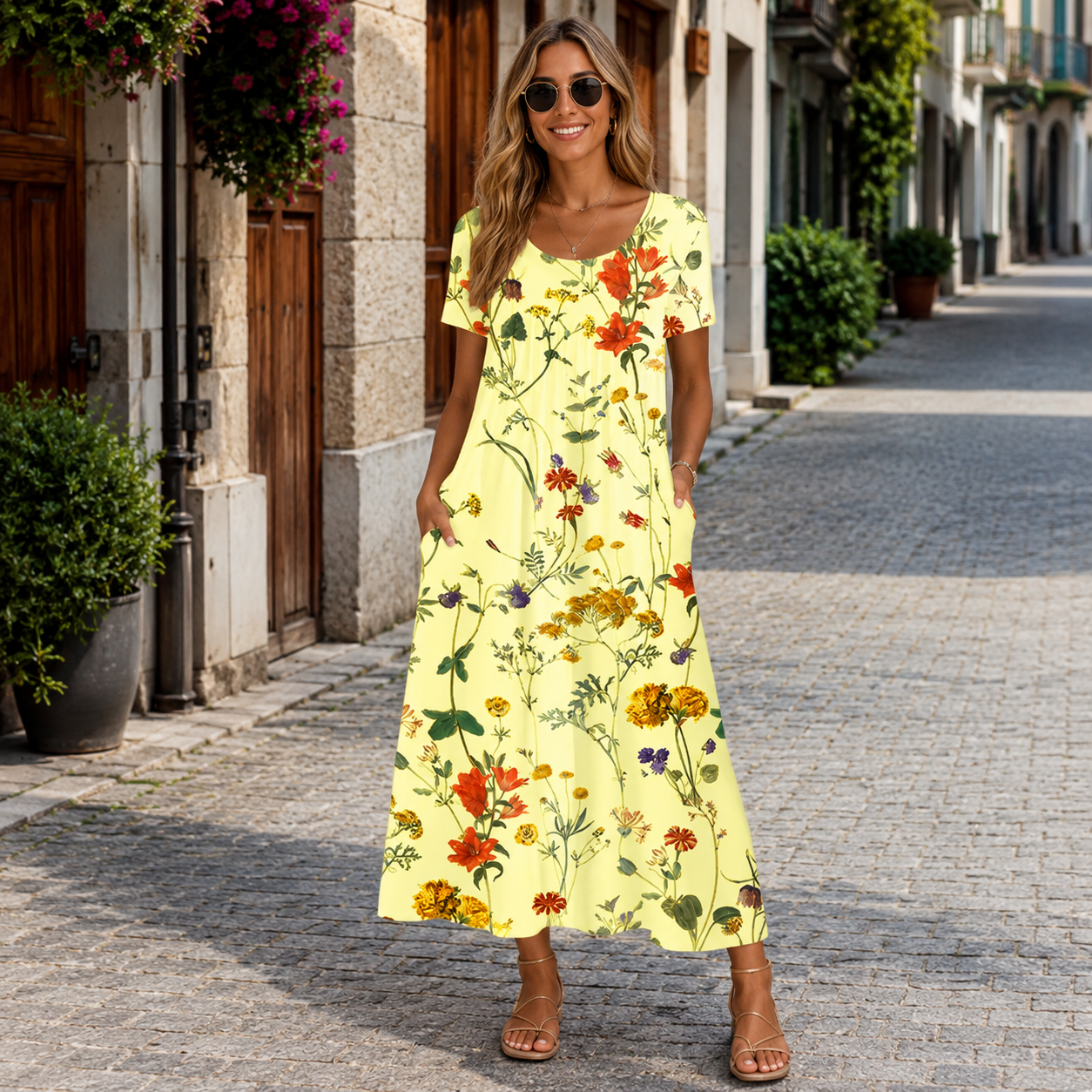 Floral Print V-Neck Midi Dress