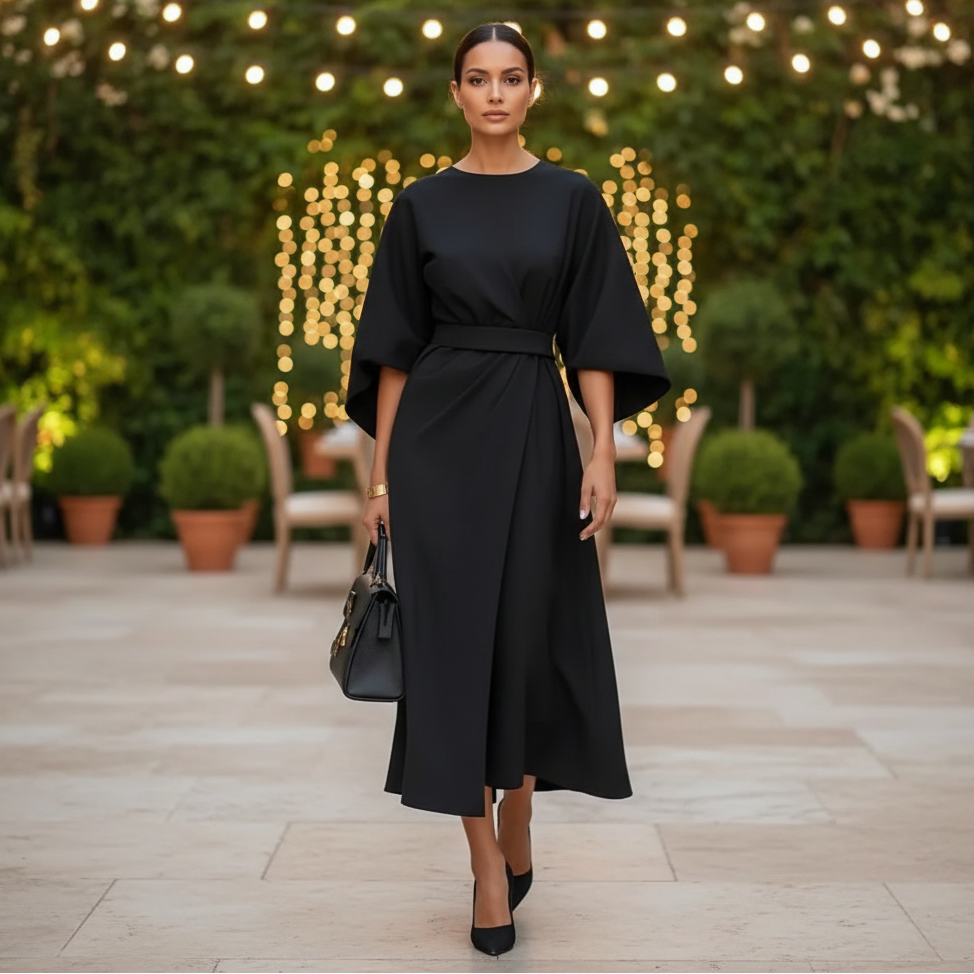 Belted Wrap Midi Dress With Wide Short Sleeves