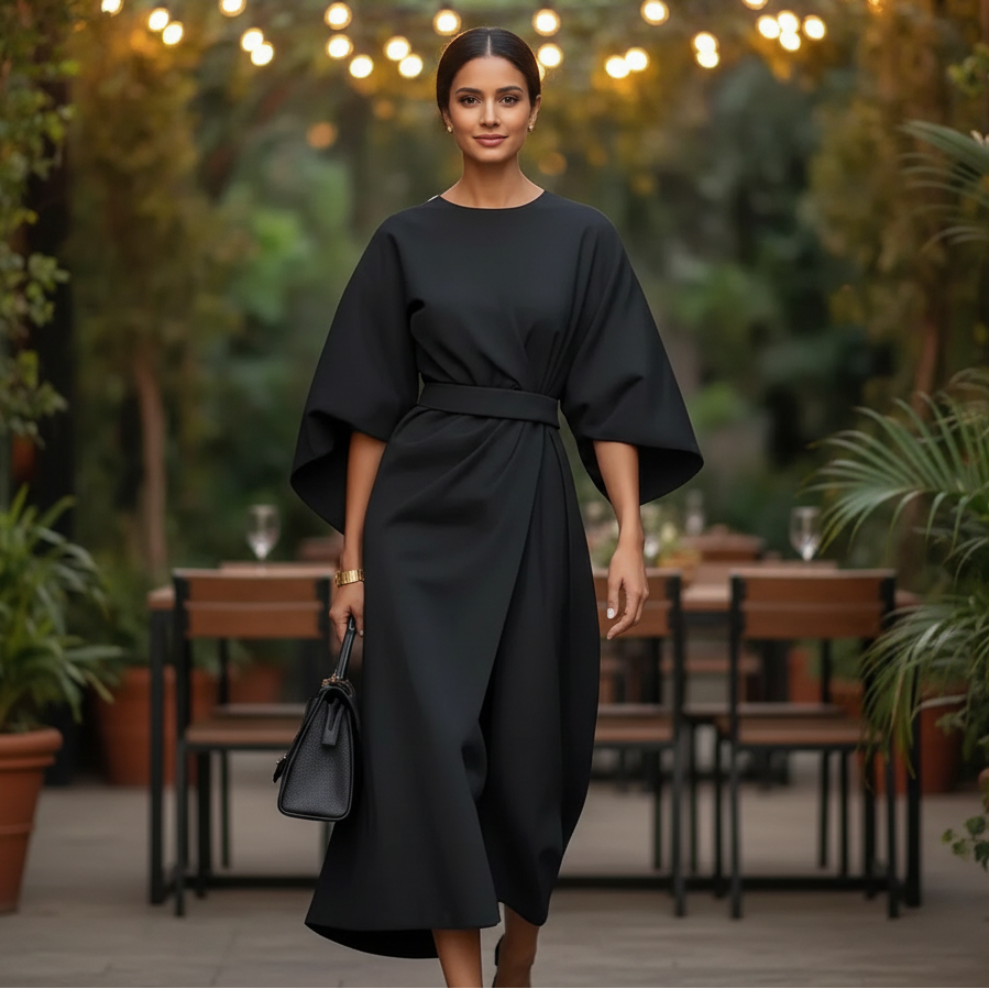 Belted Wrap Midi Dress With Wide Short Sleeves