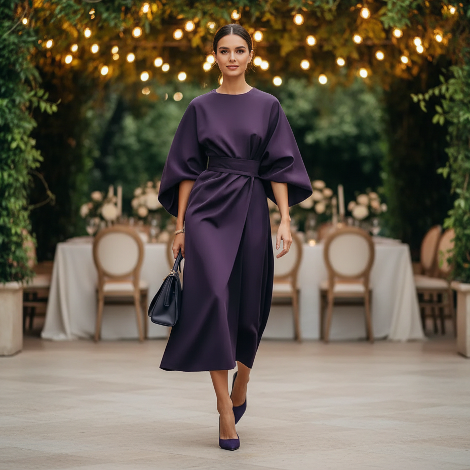 Belted Wrap Midi Dress With Wide Short Sleeves
