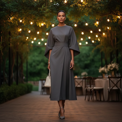 Belted Wrap Midi Dress With Wide Short Sleeves