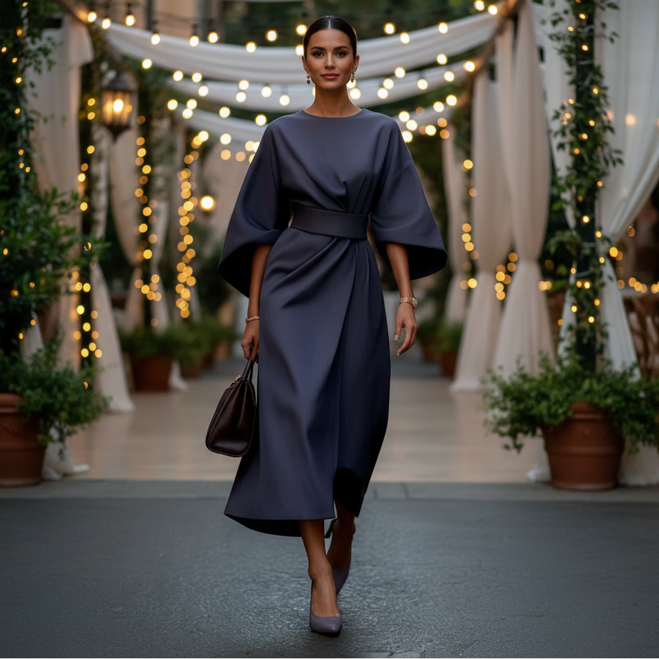 Belted Wrap Midi Dress With Wide Short Sleeves