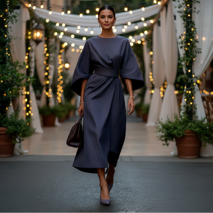 Belted Wrap Midi Dress With Wide Short Sleeves
