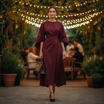 Belted Wrap Midi Dress With Wide Short Sleeves