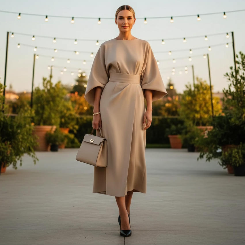 Belted Wrap Midi Dress With Wide Short Sleeves