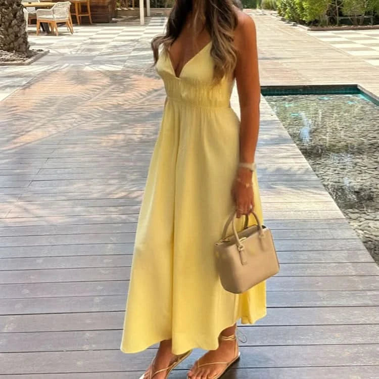 V-Neck Sling Dress with Graceful Midi Length
