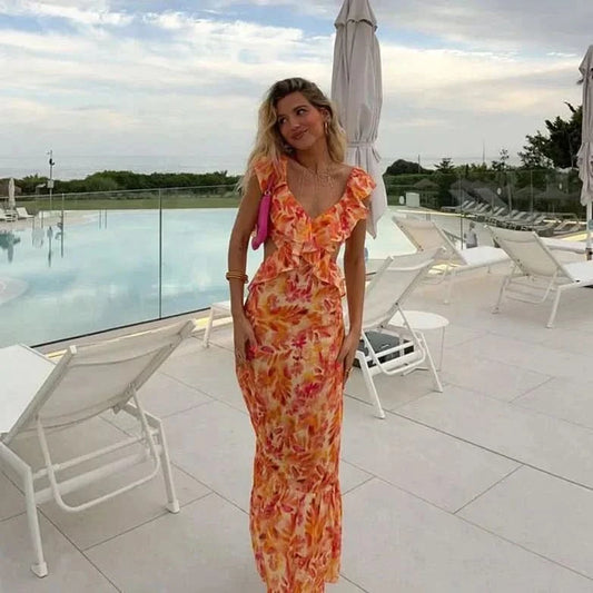 Sophisticated Floral Maxi Dress with Cascading Ruffles