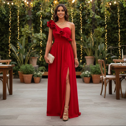 Asymmetric Shoulder Maxi Dress with Ruffle Slit